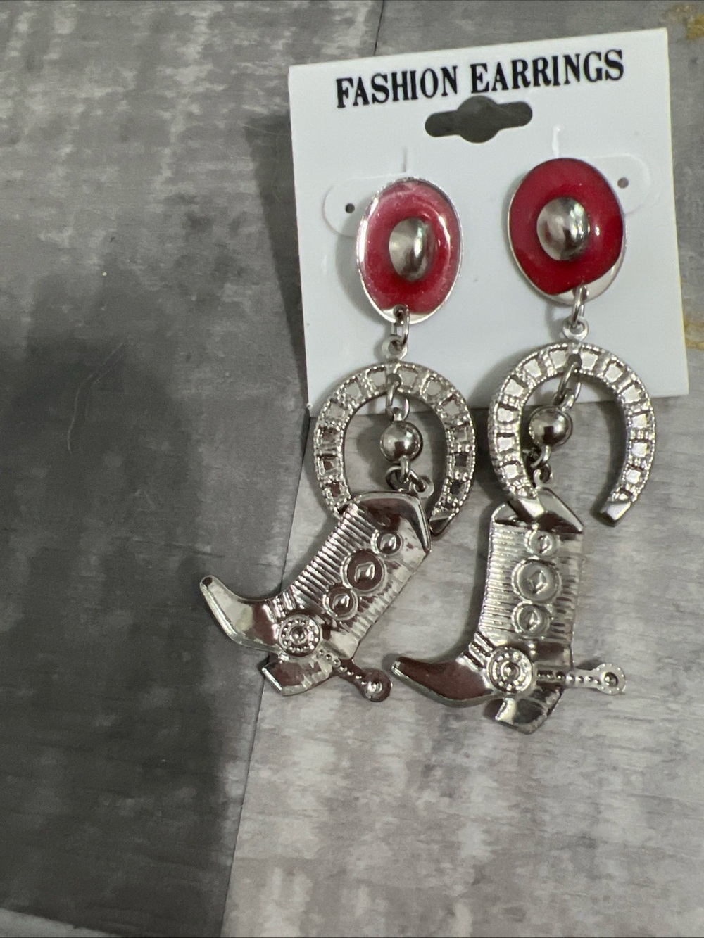Western Horseshoe & Revolver Dangle Earrings - Silver with Red Accent Cowboy Hat - Picture 2 of 3